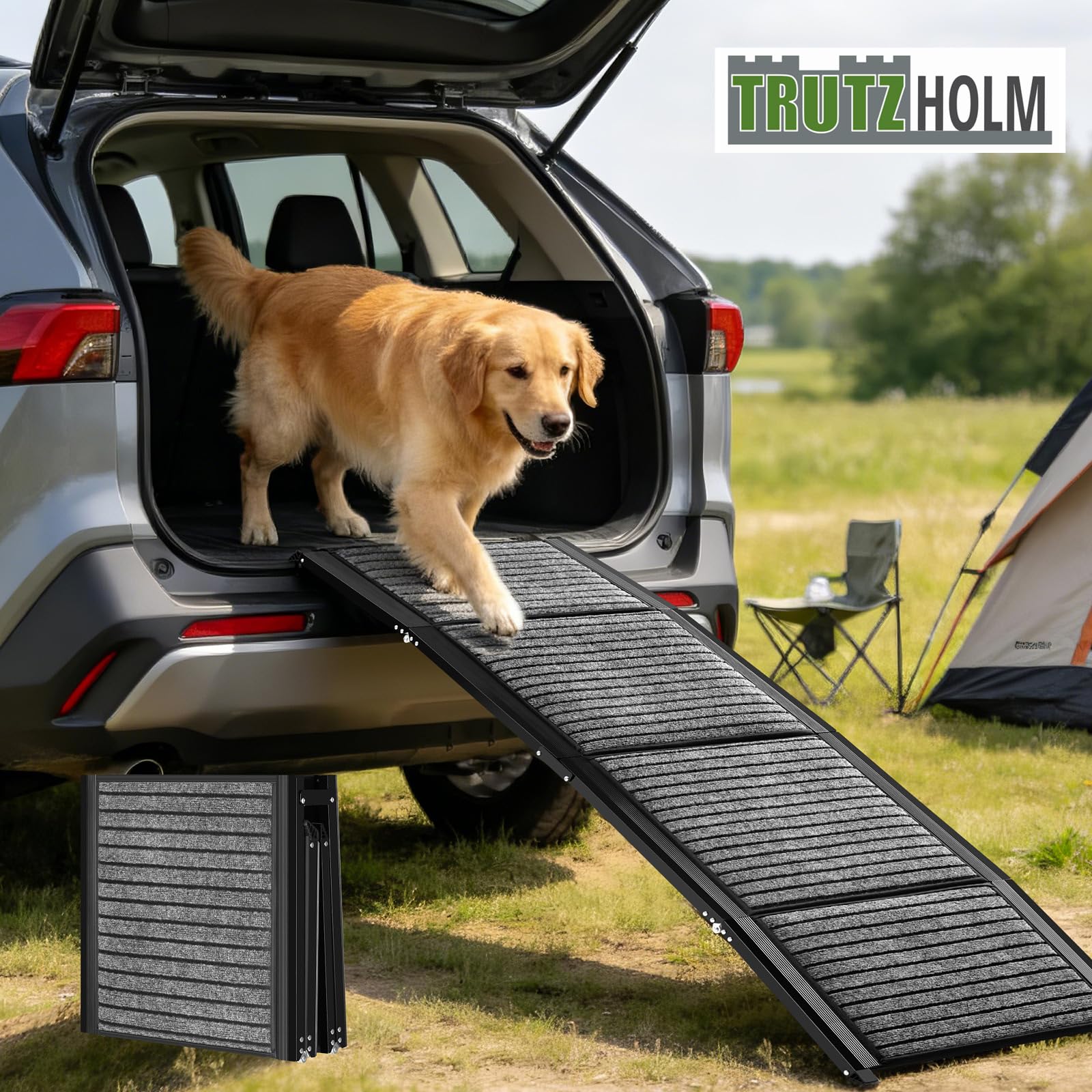 TRUTZHOLM Hunderampe klappbar 180 cm, Autorampe für Hunde, bis 130 kg Tragkraft, 4-Fach klappbar, Aluminium, rutschfeste Teppichoberfläche, Sicherheitsgurt, Einstiegshilfe für Auto, SUV, Sofa, Bett