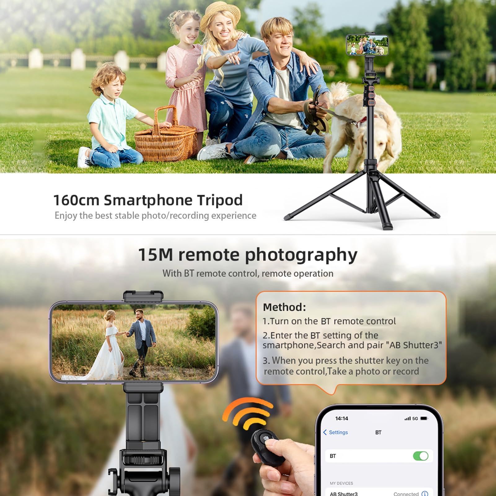 Asixxsix Treppiede per Selfie Stick da 1,6 Metri per Telefono con Telecomando