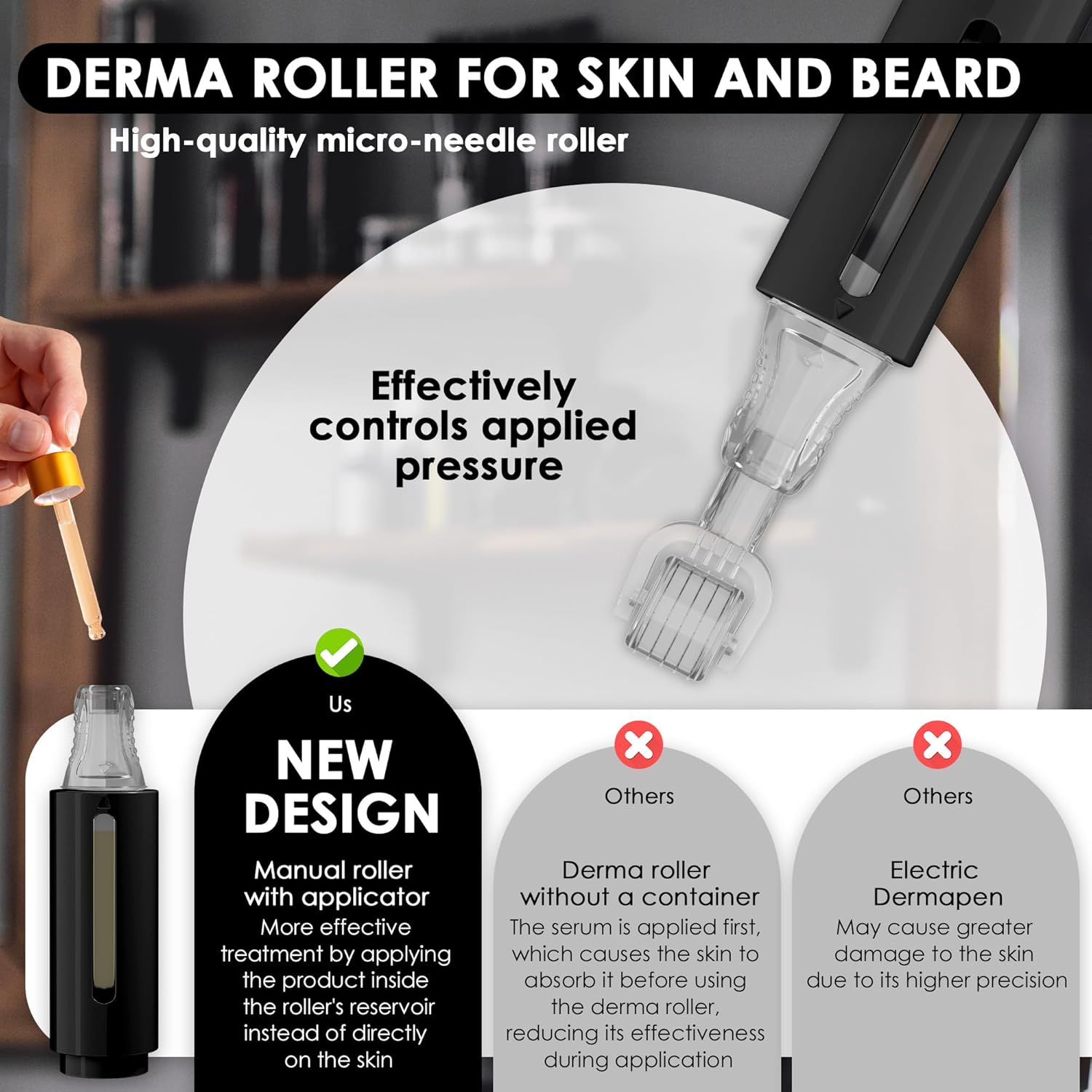Derma roller 0.25 mm with Reservoir for Hair, Beard, Skin, Lips, Wrinkles, Stretch Marks, Hyperpigmentation INSTANT SERUM APPLICATION, 105 Titanium Needles - Image 2