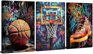 Basketball Graffiti Wall Art Prints Teen Boys Room Wall Decor Retro Sports Themed Basketball Court Sneakers Posters Mens Bedroom Dormitory Abstract Pop Street Artwork Living Room Decorations 12x16" 3P