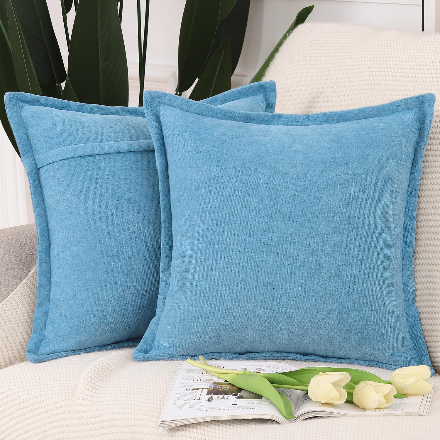 MADIZZ Chenille Flange Edge Throw Pillow Covers Set of 2 Super Soft Boho Pillow Covers Decorative Plain Throw Pillowcases Modern Farmhouse Home Decor for Sofa Bedroom Blue 24x24 Inch
