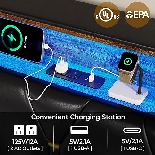 Miniatura 4 de BTHFST Base de cama de tamaño matrimonial con luces LED y estación de carga, marco de cama LED tamaño matrimonial con almacenamiento de cabecero,