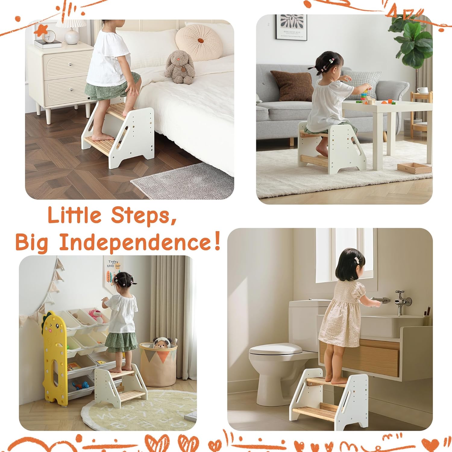 Toddler Step Stool with Handles,Minimalist&Compact Adjustable Wooden Tower for Kids,Modern Design for Small Homes(Beige)