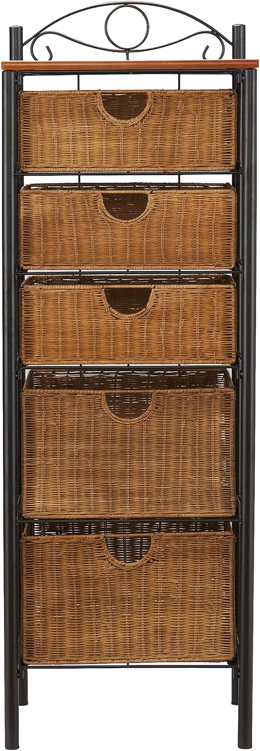 SEI Furniture Wrought Iron and Wicker Five Drawer Storage Unit, Black, Warm Caramel