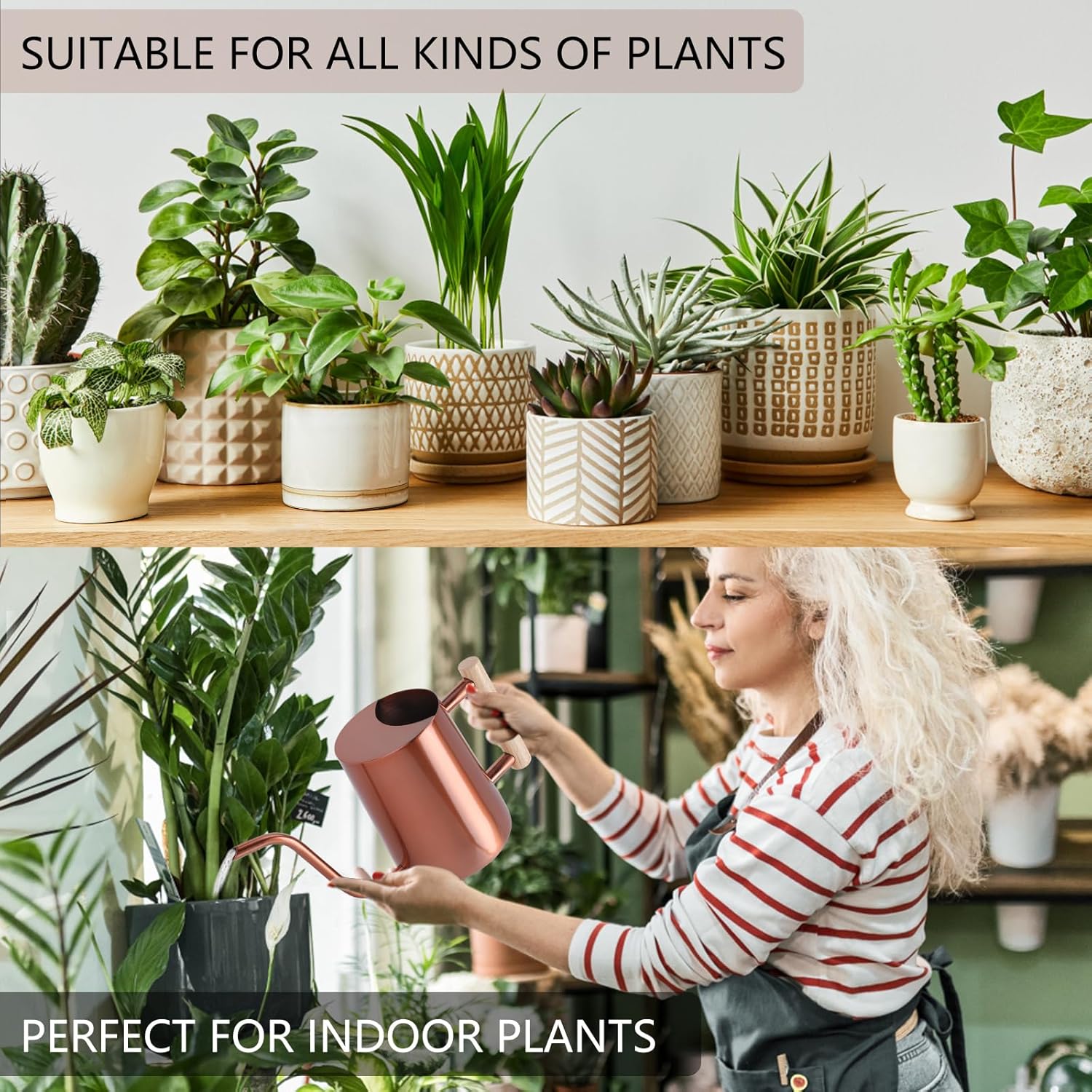 Watering Can Indoor Plants, 35oz Small Stainless Steel Metal Watering Can Modern Decorative Watering Pot with Long Spout for Indoor House Plant Bonsai Garden Flowers (Copper)