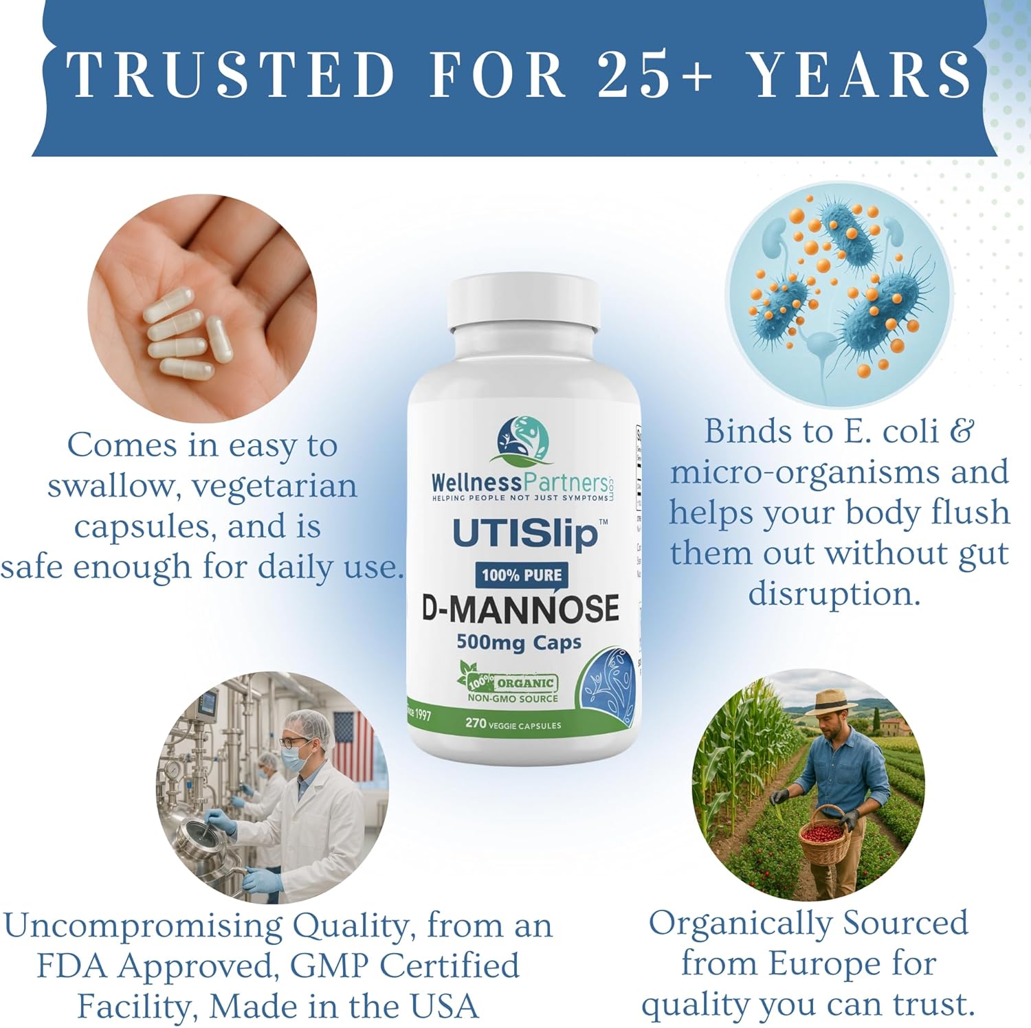 UTI Slip D-Mannose Non GMO Organic Source Veggie Capsules 270 Count (500 Mg)