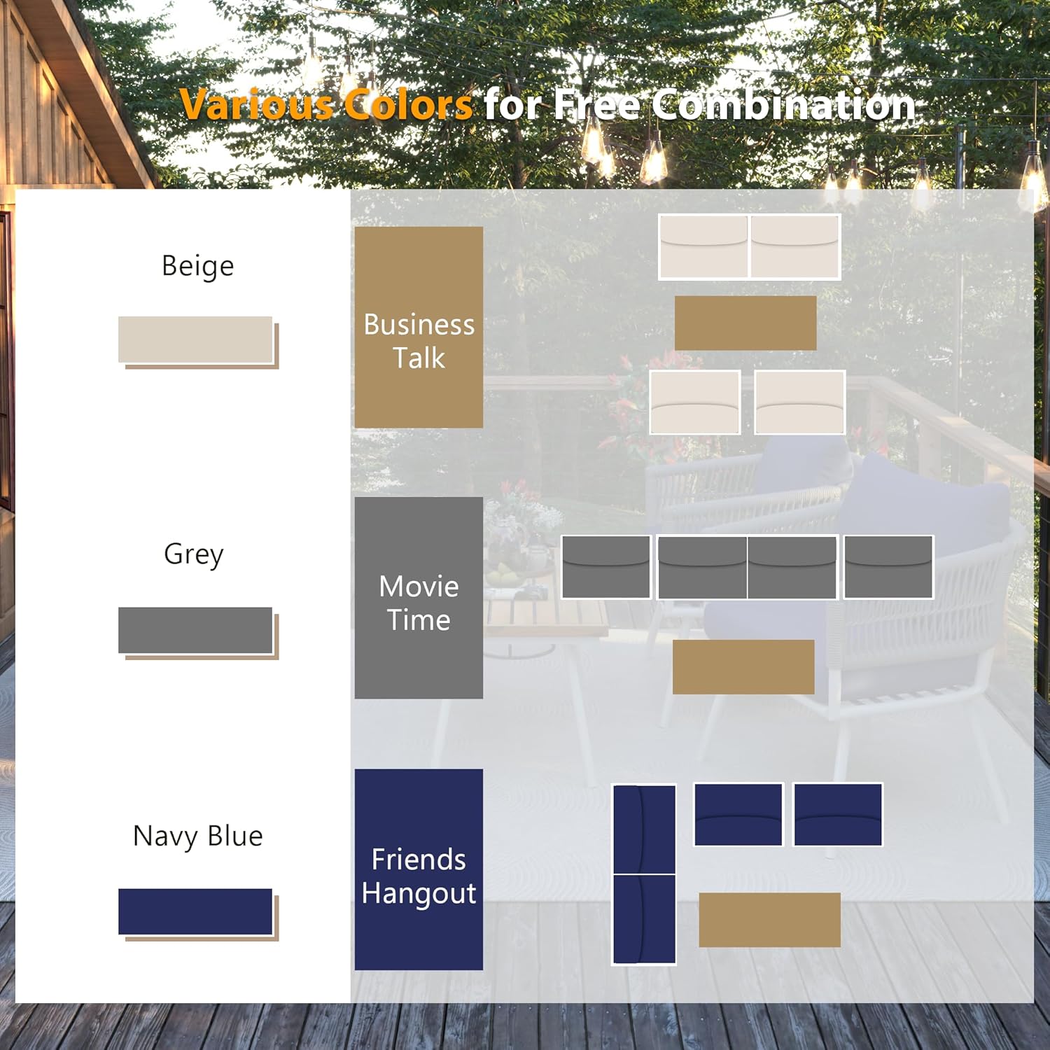 4-Piece Boho Rope Patio Outdoor Furniture Set with Acacia Wood Table, Patio Conversation Set with Deep Seating & Thick Cushion for Backyard Porch Balcony (Grey)