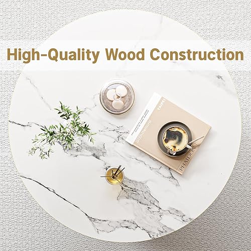 Miniatura 3 de Elephance Mesa de centro redonda con almacenamiento, mesa de centro de 3 niveles para sala de estar, mesa de madera, mármol blanco con marco dorado