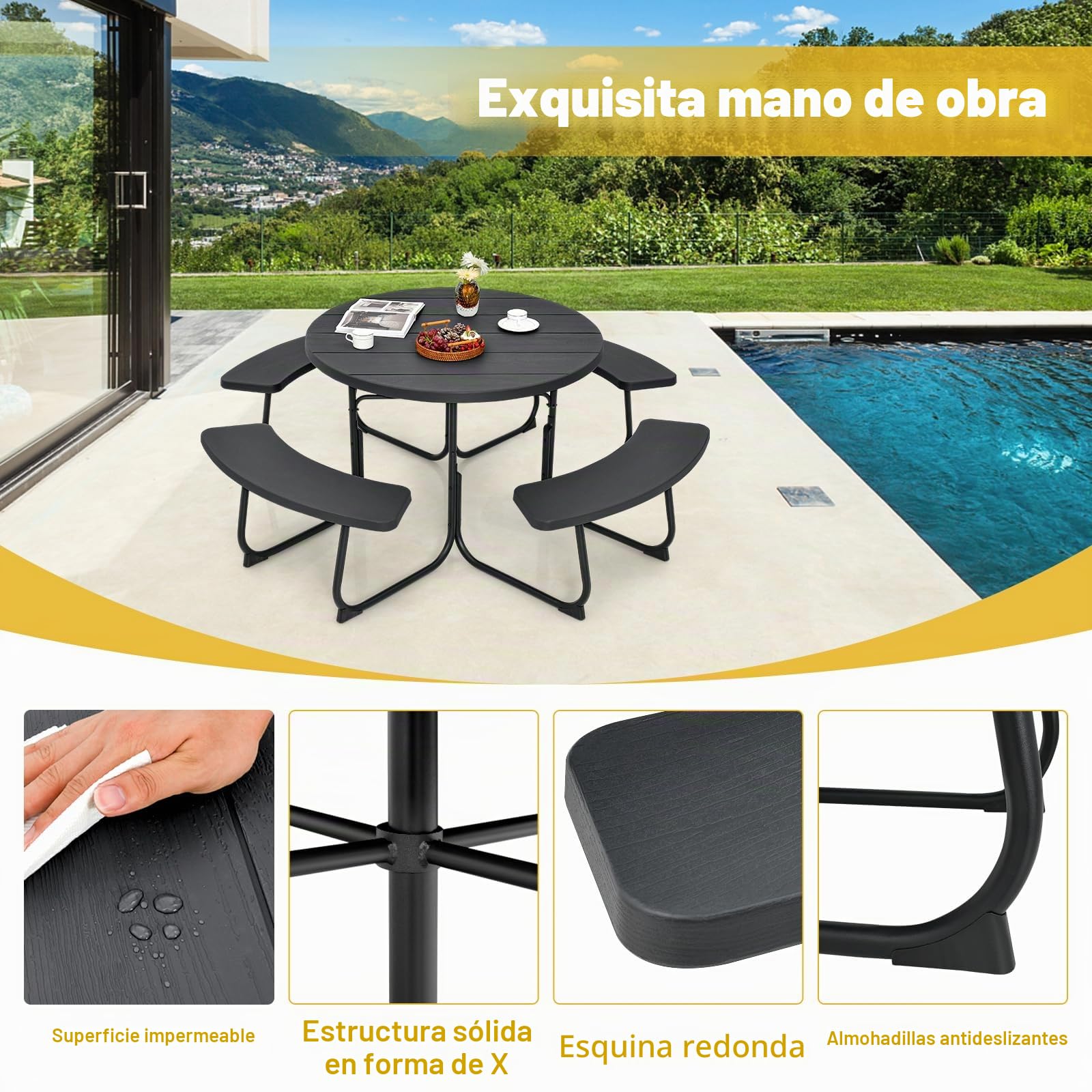 Giantex Conjunto de Mesa de Pícnic para 8 Personas, Mesa de Redonda de Jardín con 4 Bancos, Mesa de Cerveza con Orificio para Sombrilla, Resistente a la Intemperie de HDPE (Antracita)