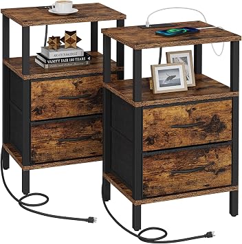 TUTOTAK End Table with Charging Station, Nightstands Set of 2