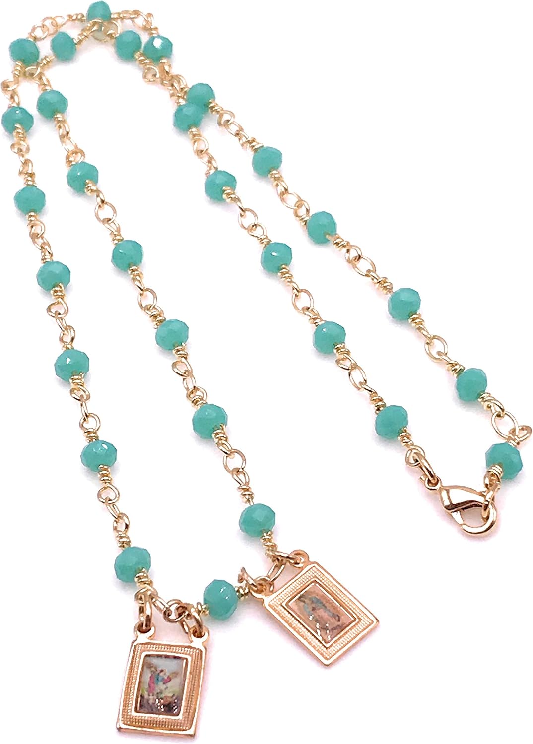LESLIE BOULES Catholic Scapular Green Crystal Beads Chain Guadalupe & Archangel St. Michael Scapular