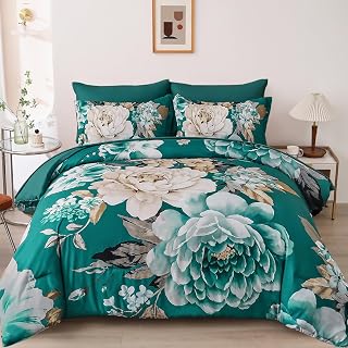 Dintszyayue Floral Comforter Set King Size 7 Pieces Teal Blue Flower Bed in a Bag Elegant Bed Set Soft Lightweight Comforter for All Season