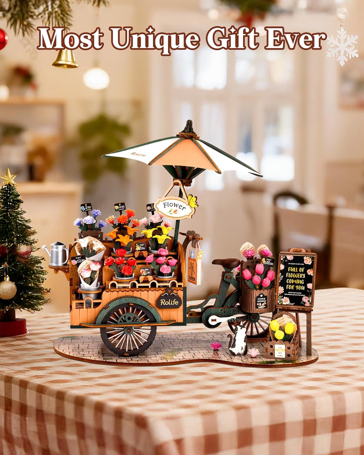 Rolife Miniature 3D Wooden Flower Cart Puzzle for Adults, Model Building Kit, Collectible Handcraft Desk Decor, for Family