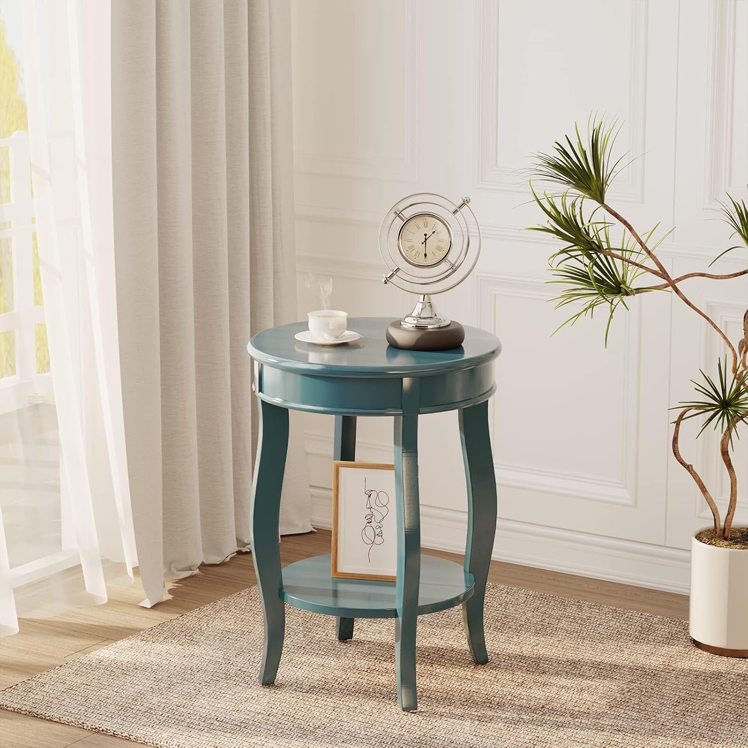 BOWERY HILL Round Wooden End Table, Teal Finish, 18 in x 18 in x 24 in, Open Bottom Shelf, Cabriole Legs, Stylish Accent Table for Living Room or Bedroom