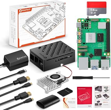 RasTech Raspberry Pi 5 4GB Kit 64GB Edition with Active Cooler,27W GaN 5.1V5A USB-C Power Supply,Pi5 4GB Board,64GB Card Readers Kit,Pi 5 Case,Dual 4K Micro HD Out Cables and User Manual