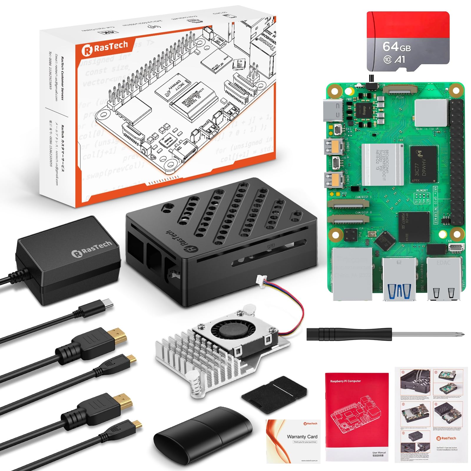 RasTech Raspberry Pi 5 4GB Kit 64GB Edition con dispositivo di raffreddamento attivo, alimentatore USB-C 27W GaN 5.1V5A, scheda Pi5 4GB, kit lettori di schede da 64 GB, custodia Pi 5, cavi Dual 4K