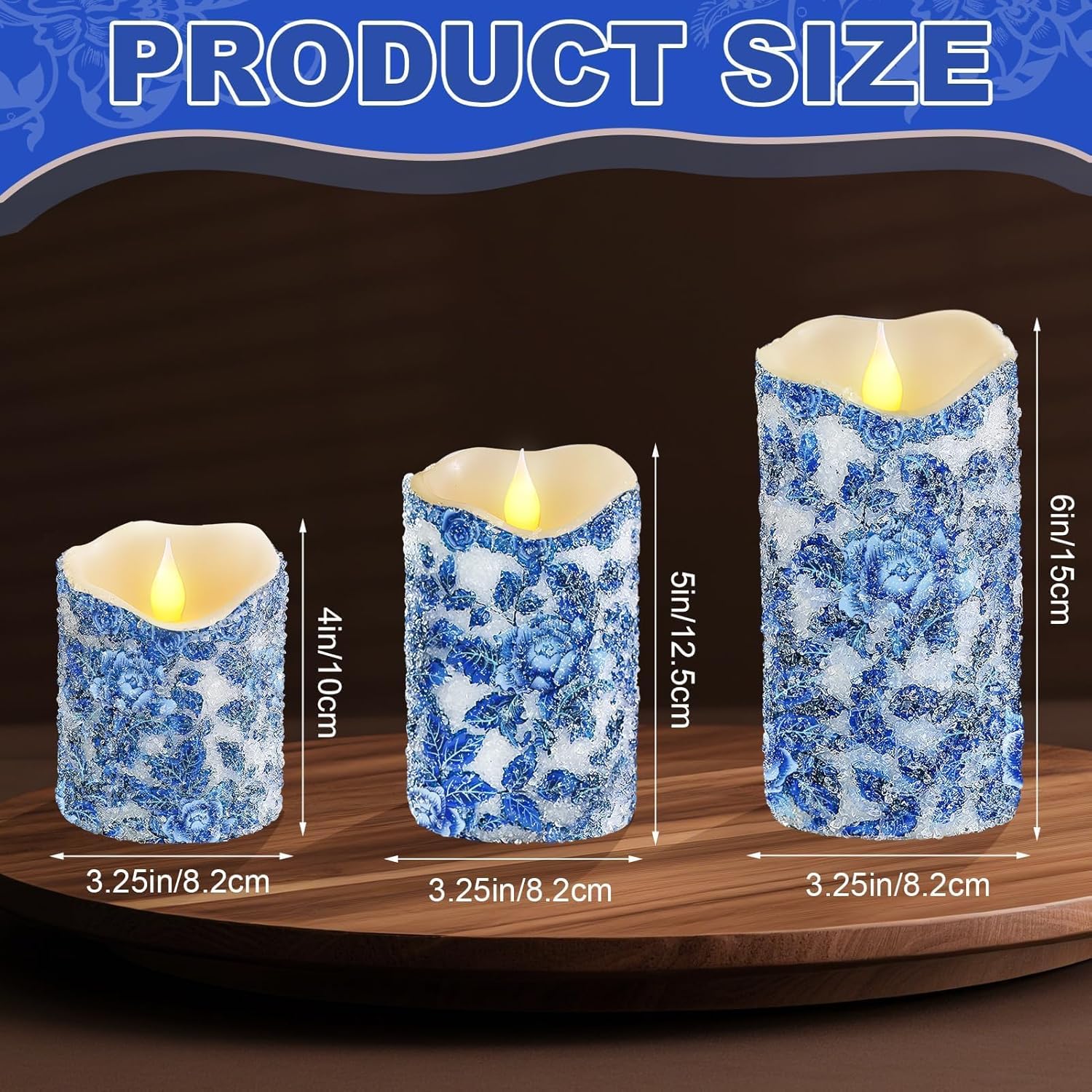 3 Pcs Blue and White Flameless Candles, Chinoiserie Decor Battery Operated LED Candles with Remote and Timer, Blue Candles with Floral Print, Wave Top Pillar Faux Candles for Wedding Home