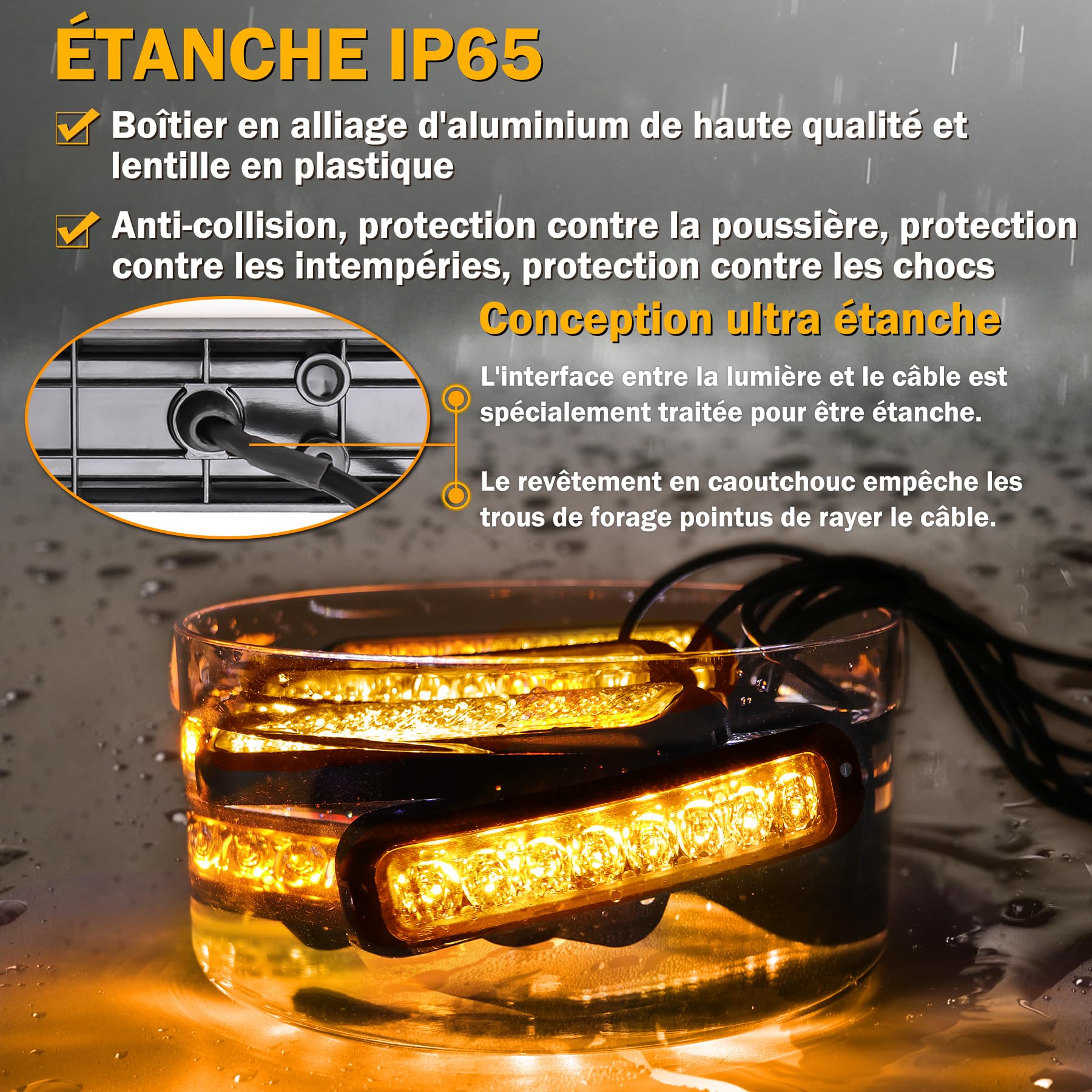 Feux de Pénétration LED Orange 12/24V, 4×8 LED, 14 Modes | IP65 étanche, adapté aux conditions difficiles, avec feu stroboscopique LED orange pour camions et voitures
