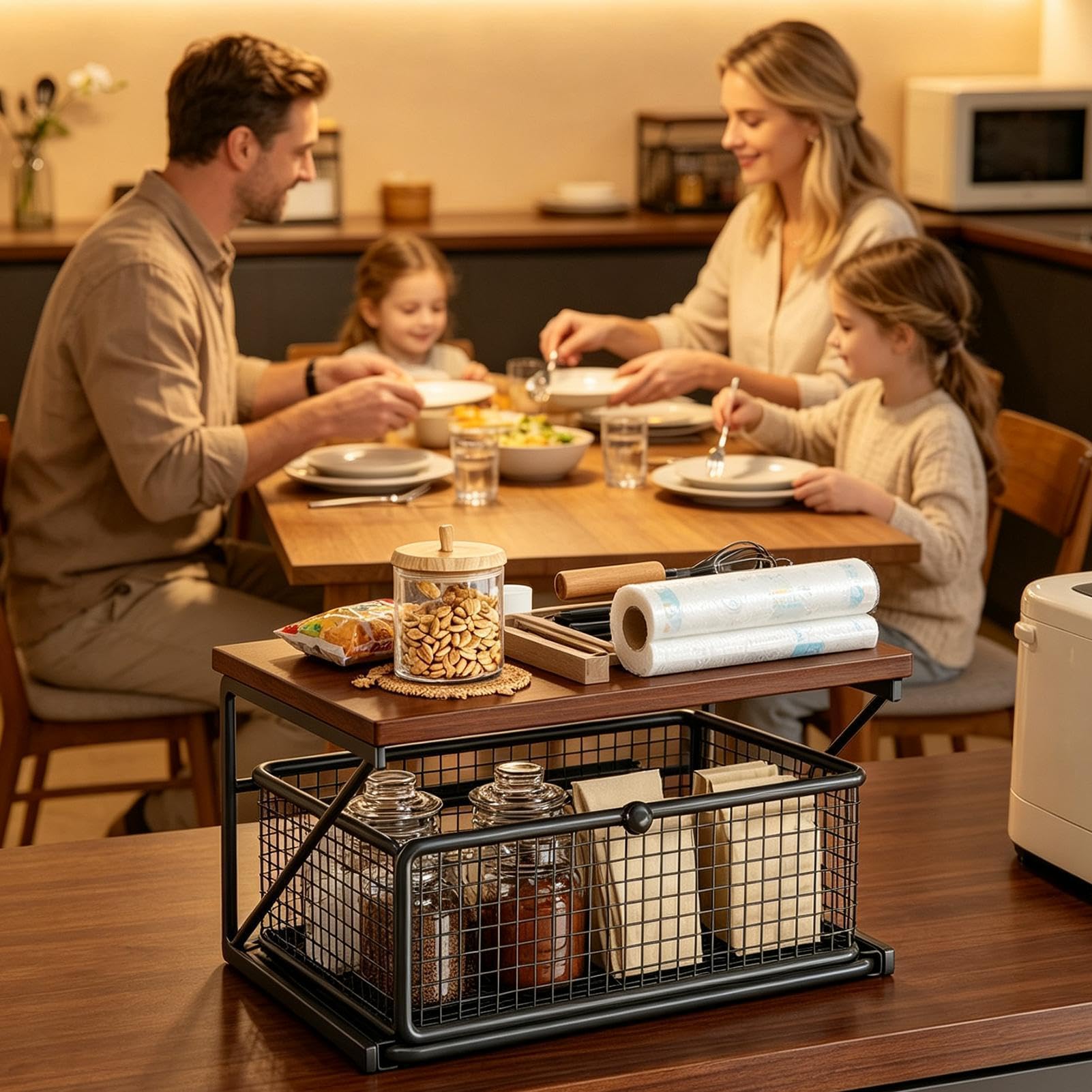 Generico Supporto Da Banco Per Microonde Organizer 2 Ripiani Macchina Caffè | Organizer Cucina con Cassetto per Cancelleria, Camera, Ufficio, Bustine Tè, Barattoli, Frutta, Verdura e Prodotti Ski