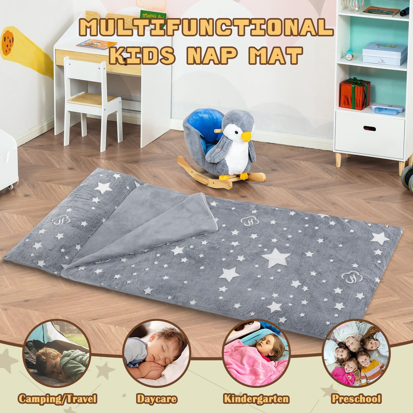 Decalsweet Cálida Alfombrilla de Siesta para Niños Pequeños con Almohada Extraíble, Saco de Dormir Luminoso Plegable para Niñas y Niños, Bolsa de Dormir con Cremallera para Camping Siesta, 170×75cm
