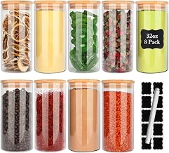DHSBTLS 32 oz Glass Jars with Bamboo Lids of 8 , 950ml Borosilicate Glass Airtight Canisters sets, Glass Food Storage Container, Pantry Organization and Storage Jars, Kitchen Canisters, Spice Jars, Flour Containers