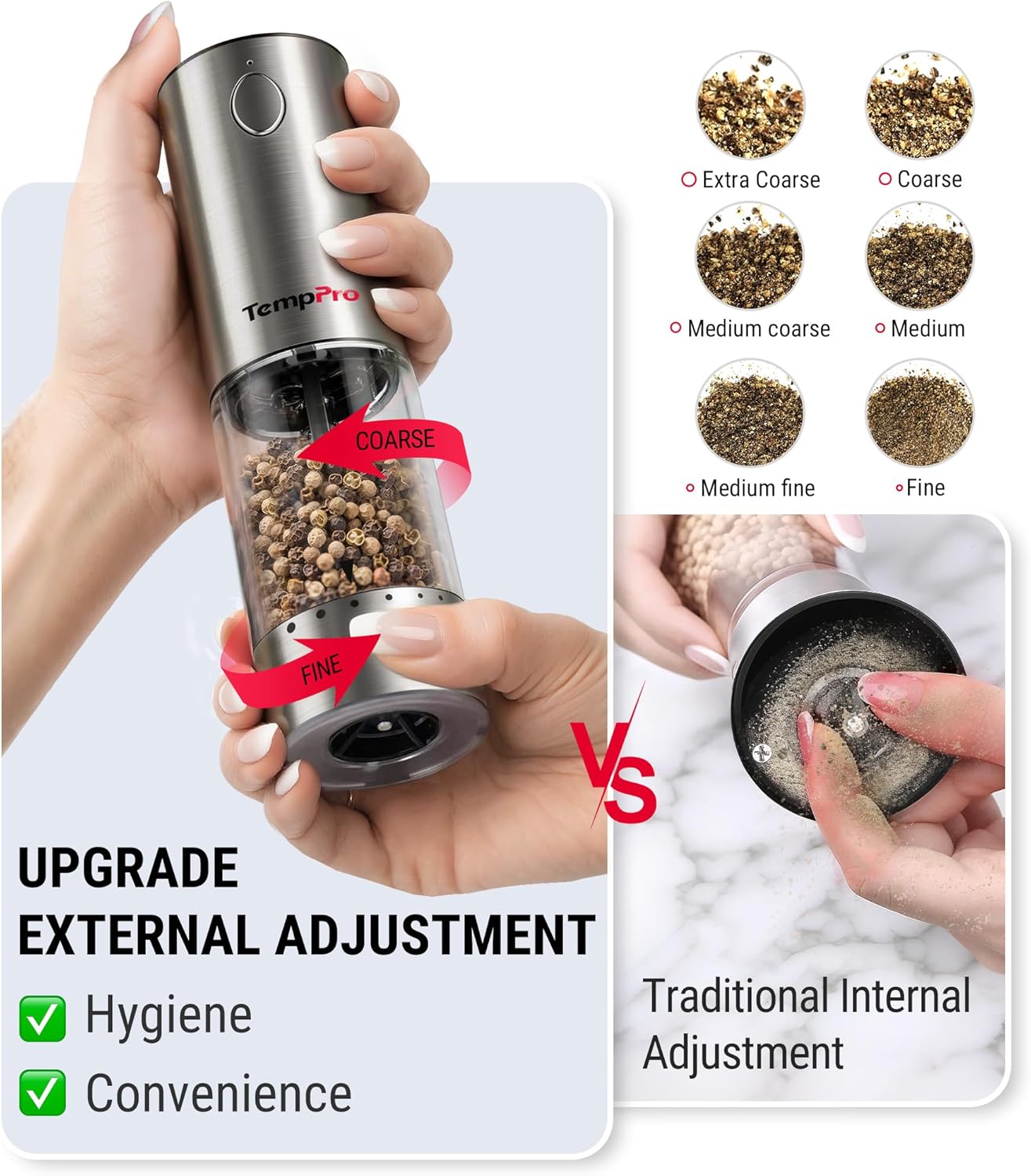 TempPro 100ml Electric Salt and Pepper Grinder Set Rechargeable, Automatic Pepper Grinder Shakers with External Adjustment, Refillable Pepper Mill Set with Cover & LED, 2-Pack(Previously ThermoPro)