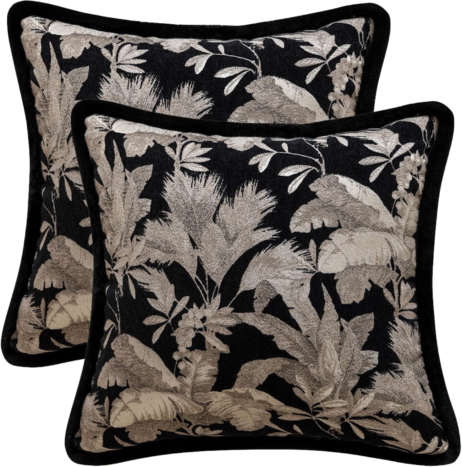 Black Vintage Chenille Throw Pillow Covers 18x18 Inch – Decorative Cushion Covers for Sofa, Bed, Couch, or Living Room, Single-Sided Jacquard Design, Set of 2 (Raw-Edged Leaves)