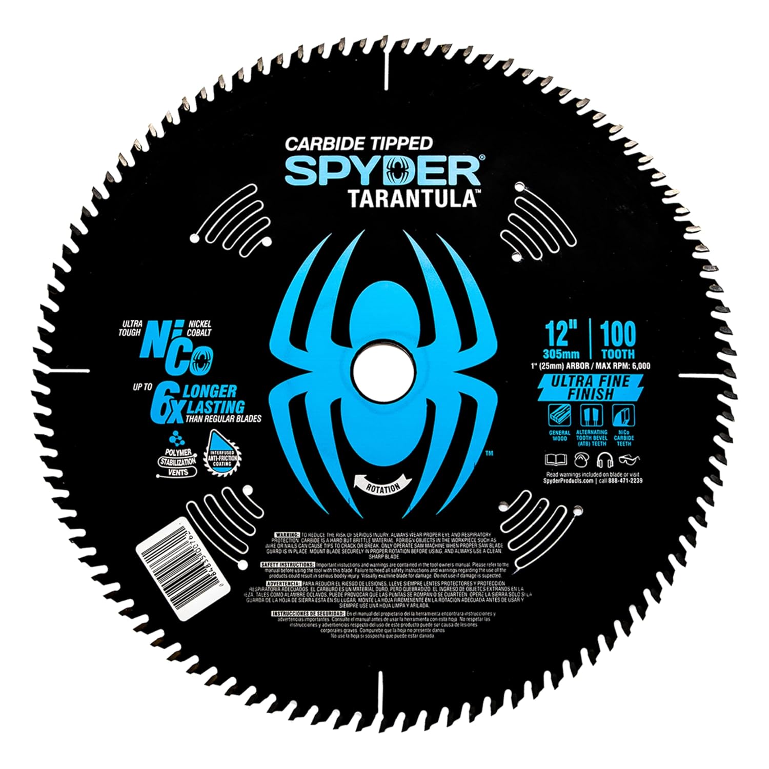 Spyder 12" 100T Saw Blade for Ultra Fine Finish on Wood (13027) | Carbide Nickel Cobalt HIATB Teeth, 1" Arbor, for Miter Saws