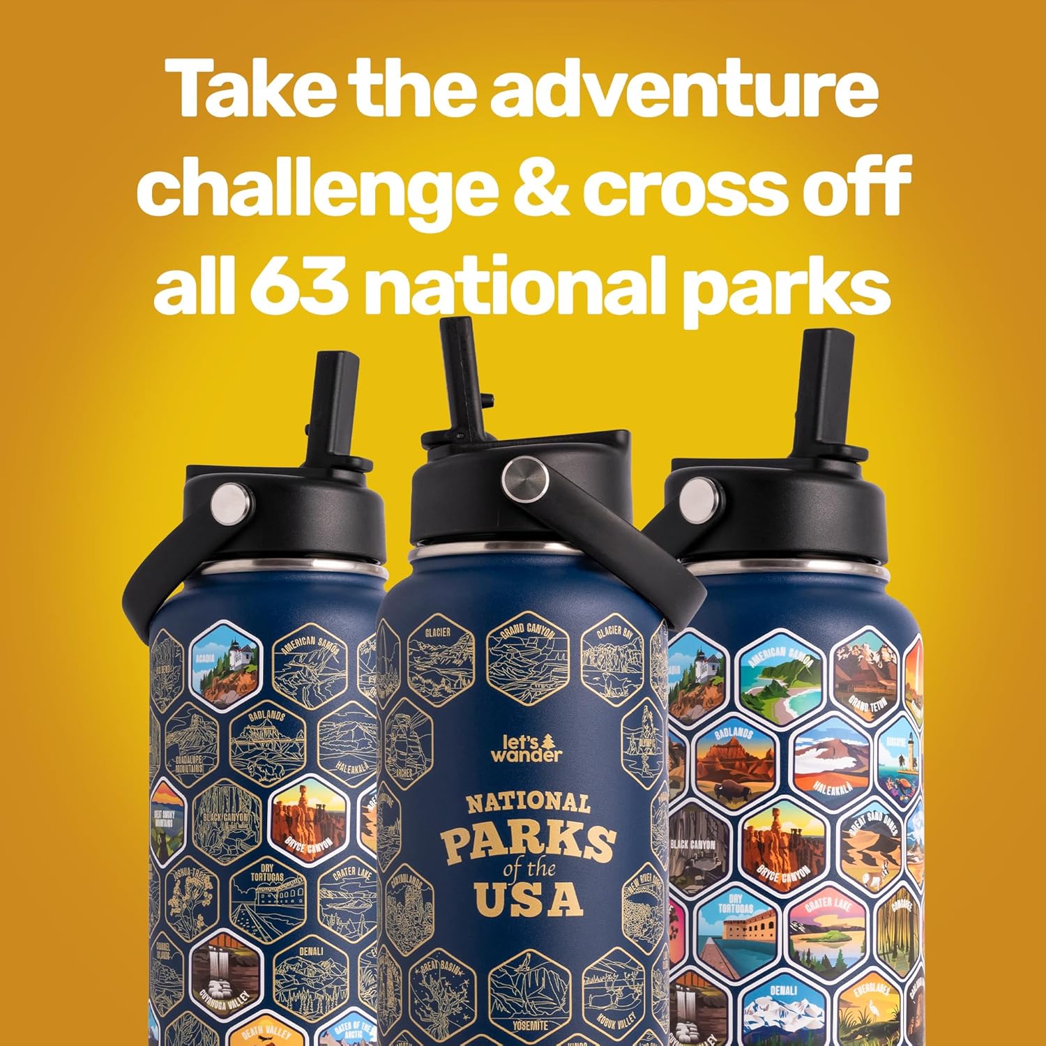 LET'S WANDER National Parks Water Bottle 2.0 Ultimate Bundle | Includes Straw Lid, Chug Lid & 2 Sets of 63 Waterproof Stickers | 32oz Leakproof Insulated Stainless Steel Gift Pack (Blue) - Image 5