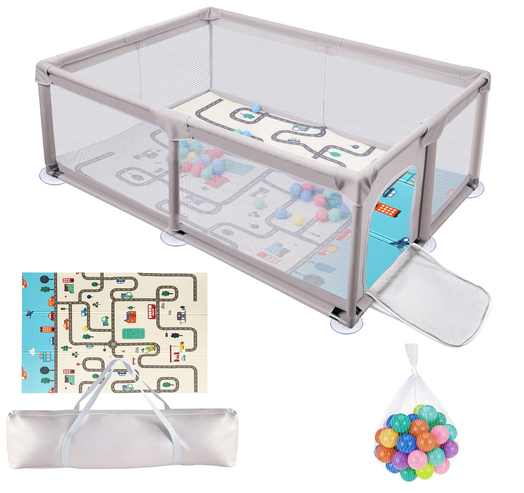 Laufstall Baby mit Matratze 120x180cm, Großes Laufgitter für 2-3 Kinder, Playpen Atmungsaktiver 600D Oxford-Stoff mit Rutschfesten Saugnapf-Füßen, für Einfamilienhaus Große Familienwohnung