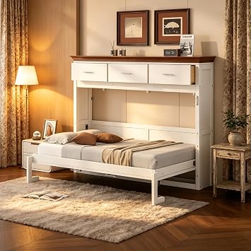 SOFTSEA Twin Size Horizontal Murphy Bed with Storage Drawers, Solid Wood Foldable Wall Cabinet Bed, Space-Saving Hideaway Murphy Bed Frame for Teens, Adults Bedroom or Small Spaces, White
