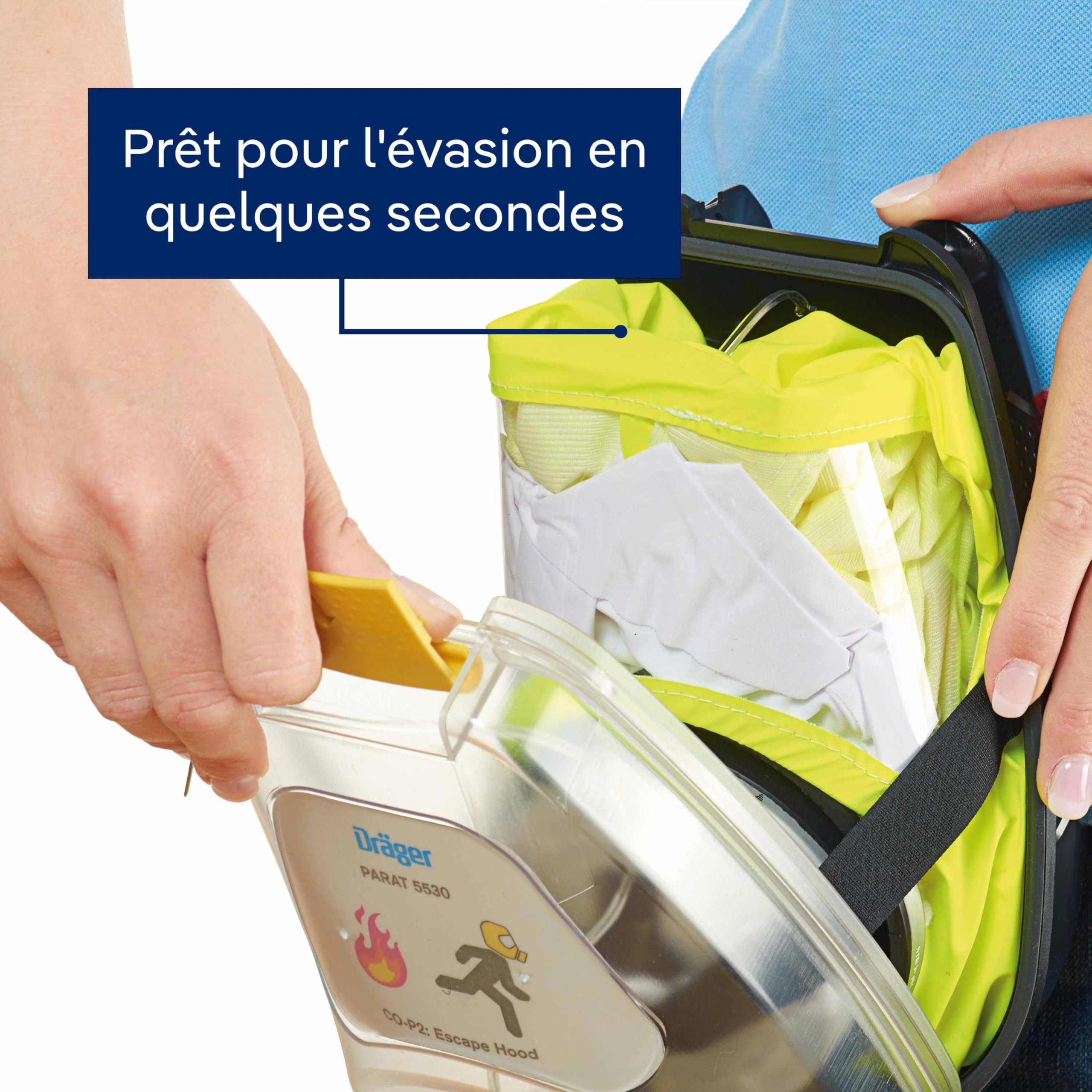 Dräger PARAT 5530 Hard Case Cagoule/Masque de protection respiratoire antifumée avec filtre combiné CO P2 contre les gaz, vapeurs et particules toxiques lors d'incendie