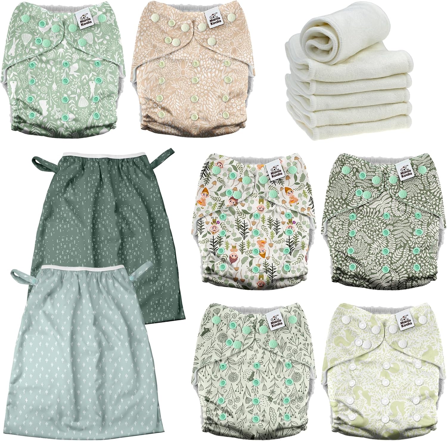 Mama Koala 3.0 Baby Cloth Diapers with 6 Inserts Bundle, with 2 Pack Reusable Pail Liner