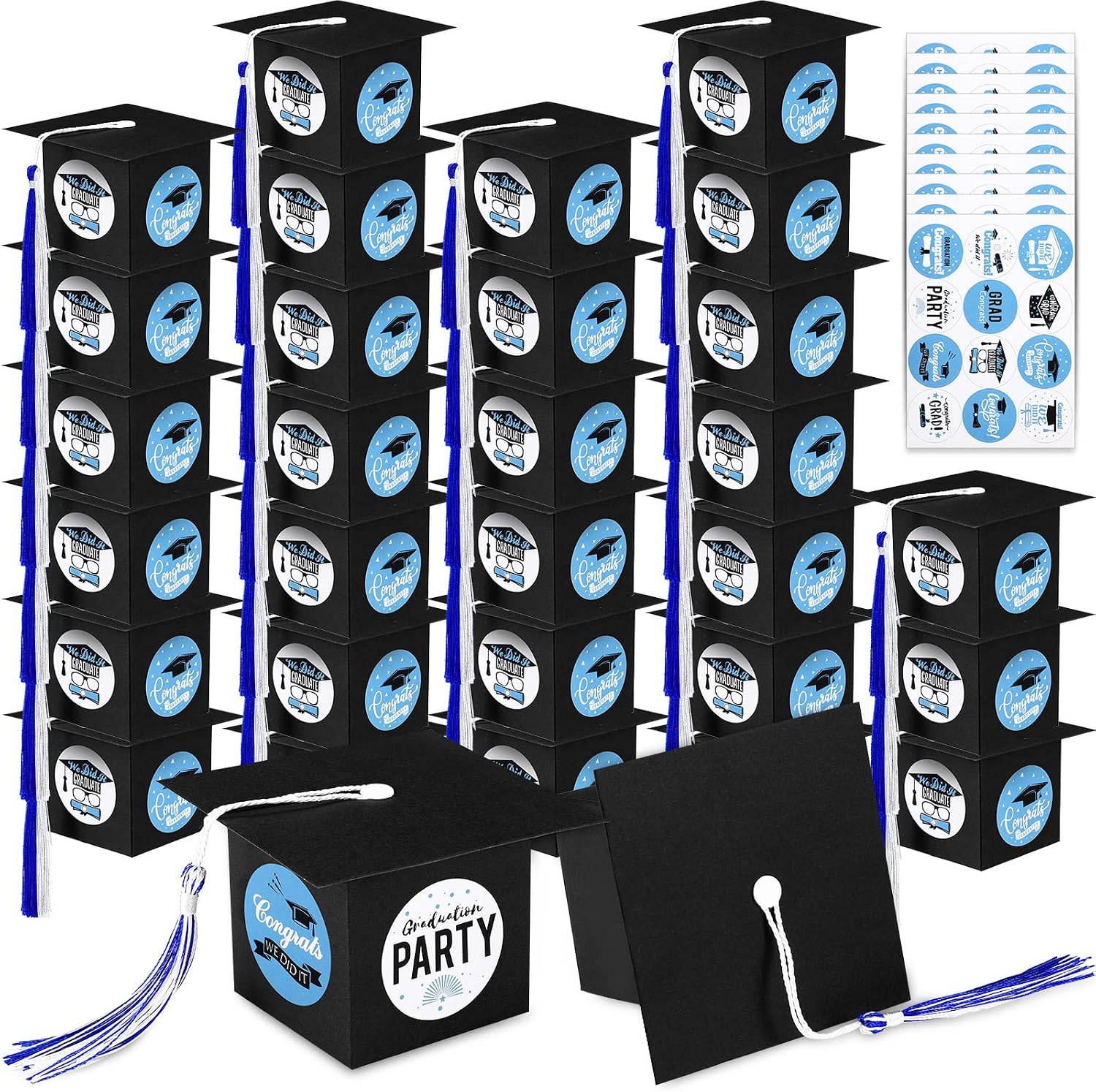 60 Pieces Graduation Candy Boxes 2023 Graduation Cap Gift Box Graduation Celebration Chocolate Box with Stickers for 2023 Graduation Gifts Grad Ceremony Party Favors(Blue White and Black)
