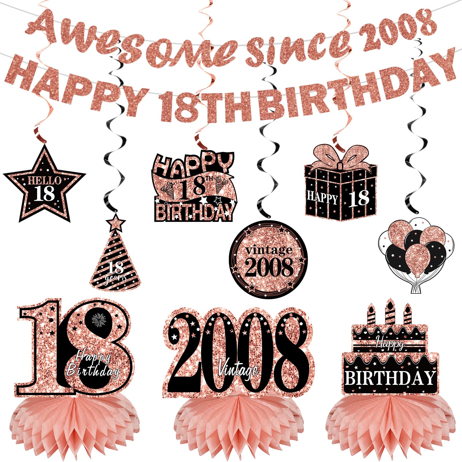 Photo 1 of Kuxriox 11Pcs 18th Birthday Decorations Kit for Women, Rose Gold Happy 18th Birthday Banner, Awesome Since 2008 Centerpieces Swirls Party Supplies, Eighteen Bday Banner Ceiling Table Topper Sign