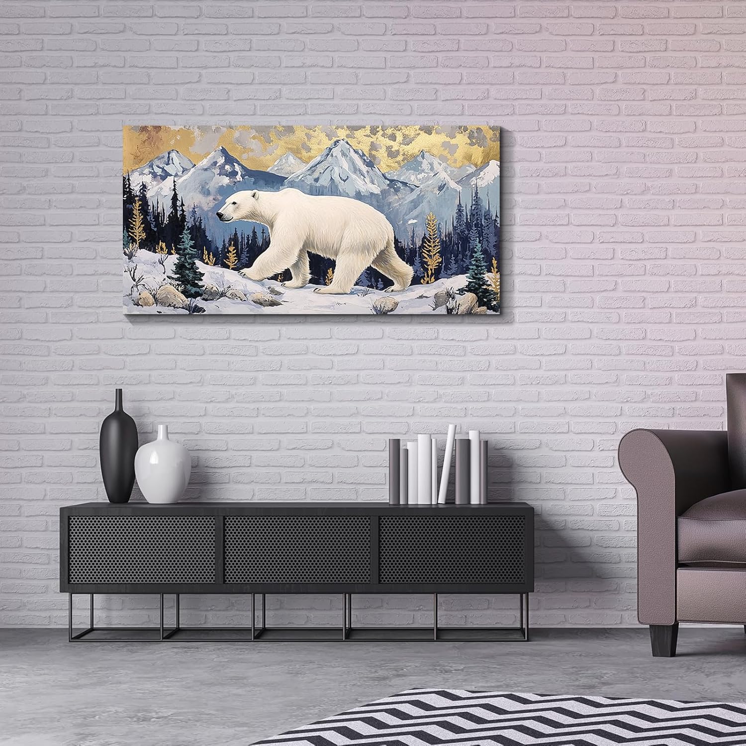 Landada Large Bear canvas wall art, Polar Bear Vintage Forest Painting Wildlife Animal-Themed Art Prints for Living Room, Bedroom, Dining Room Home Decor, 32x16 Inch - Image 4