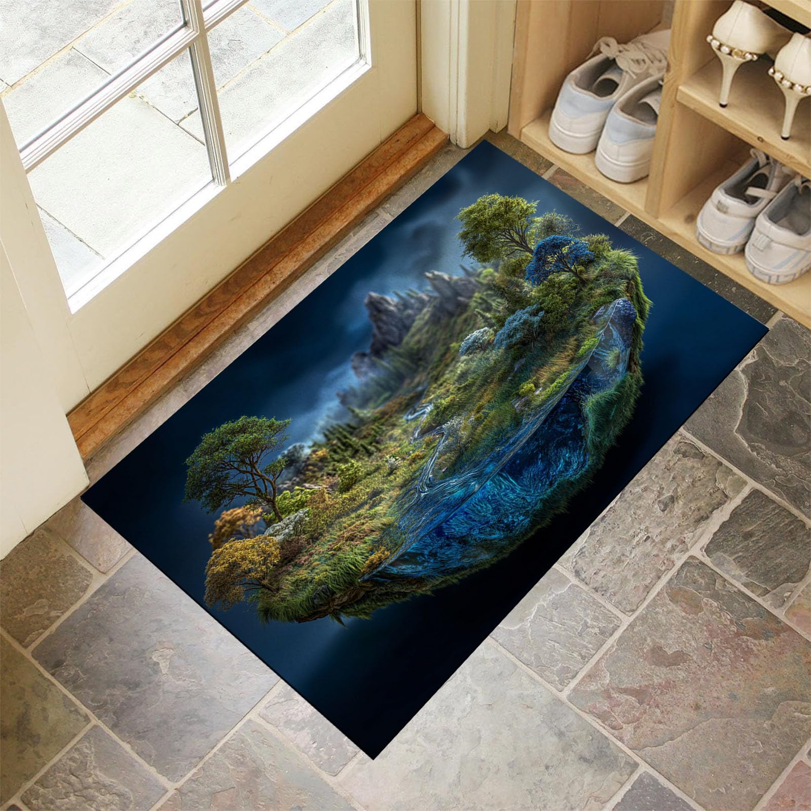 Tapis d'entrée intérieur 60x90 cm lavable et absorbant style Forêt Insulaire bleu-vert