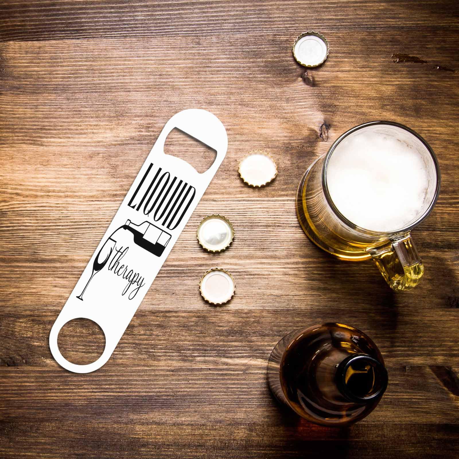 Liquid Therapy - Abridor de botellas de vino de acero inoxidable con cita de bebidas con texto en inglés "Life Life Flat" para el hogar, cocina, bar, restaurante, fiesta, regalo de cumpleaños