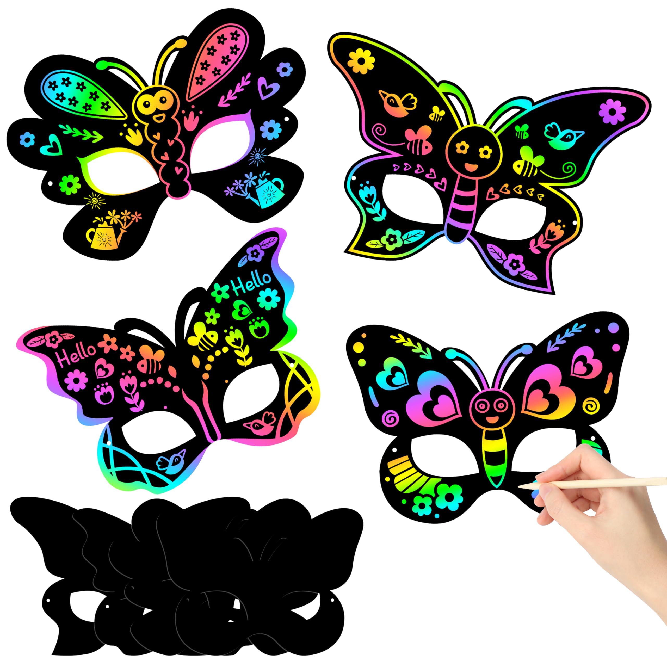 HubirdSall 24Pcs Summer Butterfly Scratch Masks for Kids DIY Butterfly Scratch Craft Kit Dress-up Costume Decorate for Girls Birthday Party Favors
