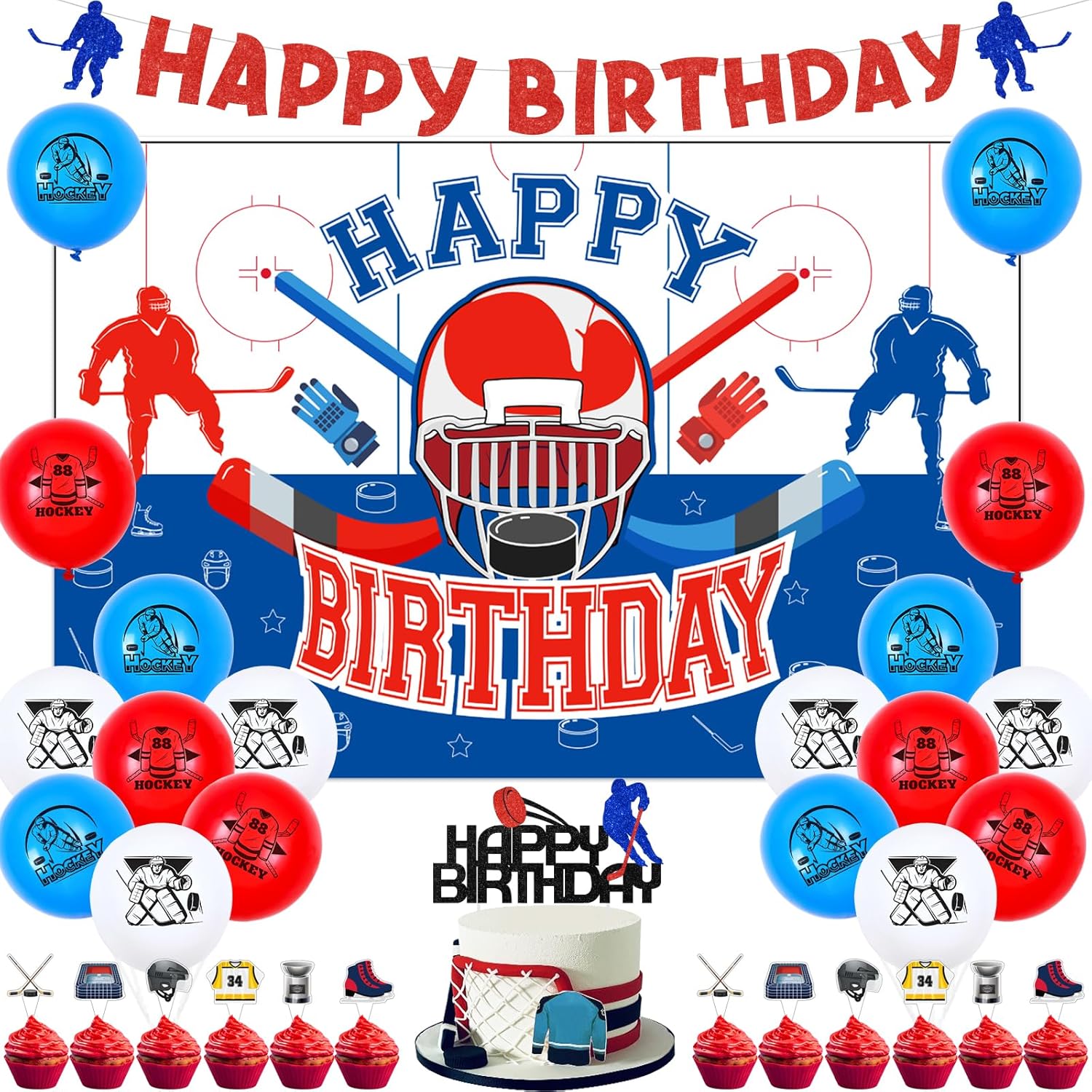 Hockey Birthday Party Decorations, Hockey Themed Party Decor, Ice Hockey Happy Birthday Backdrop Banner Cake Topper, Hockey Birthday Balloons Party Supplies