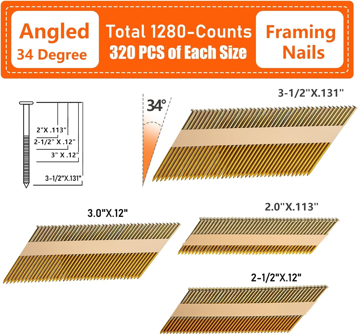 30-34 Degree Framing Nails 1280 Count, 4 SIZES (2"+2-1/2"+3.0"+3-1/2"), Ring Shank D Head Electro-Galvanized Paper Tape Strip Nails, 320 PCS per Size, for 30 to 34 Degree Framing Nailer