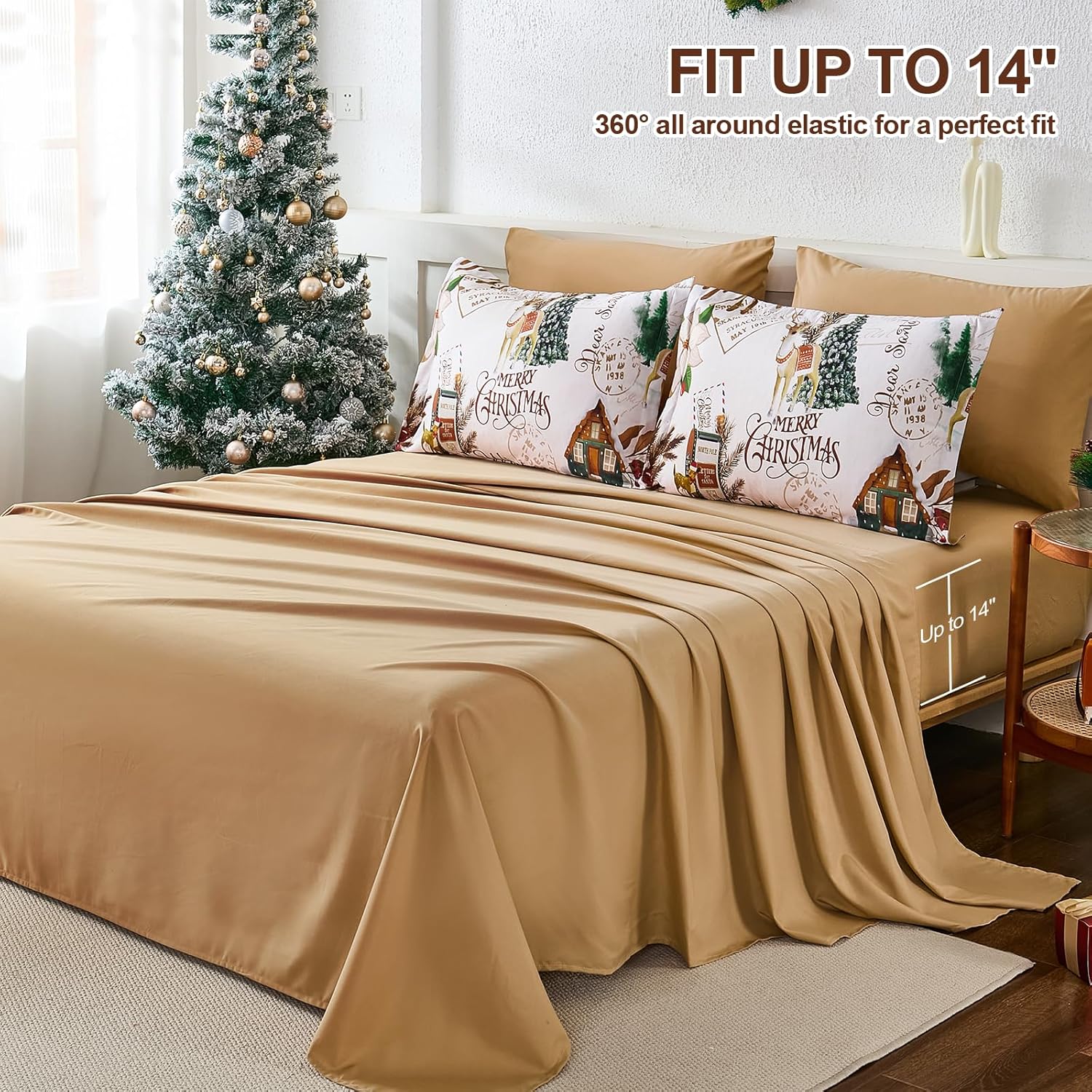 Dobuyly Christmas Comforter Set Queen Size, Brown Christmas Bedding Queen, Igloo Reindeer Pine Cones Pattern 7 Pieces Bed in a Bag, Winter Holiday Bed Set with Sheets, Pillowcases & Shams