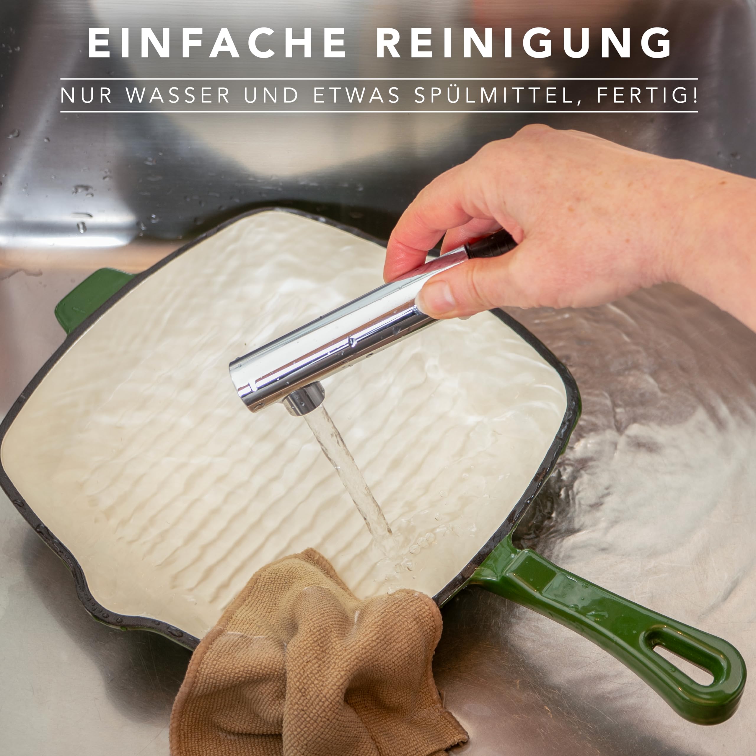 Römertopf Poêle carrée en fonte 24 cm – Poêle à steak avec revêtement émaillé, tous les types de feux, y compris l'induction, passe au four 250 °C, rôtir sans graisse, sans PFAS, vert foncé