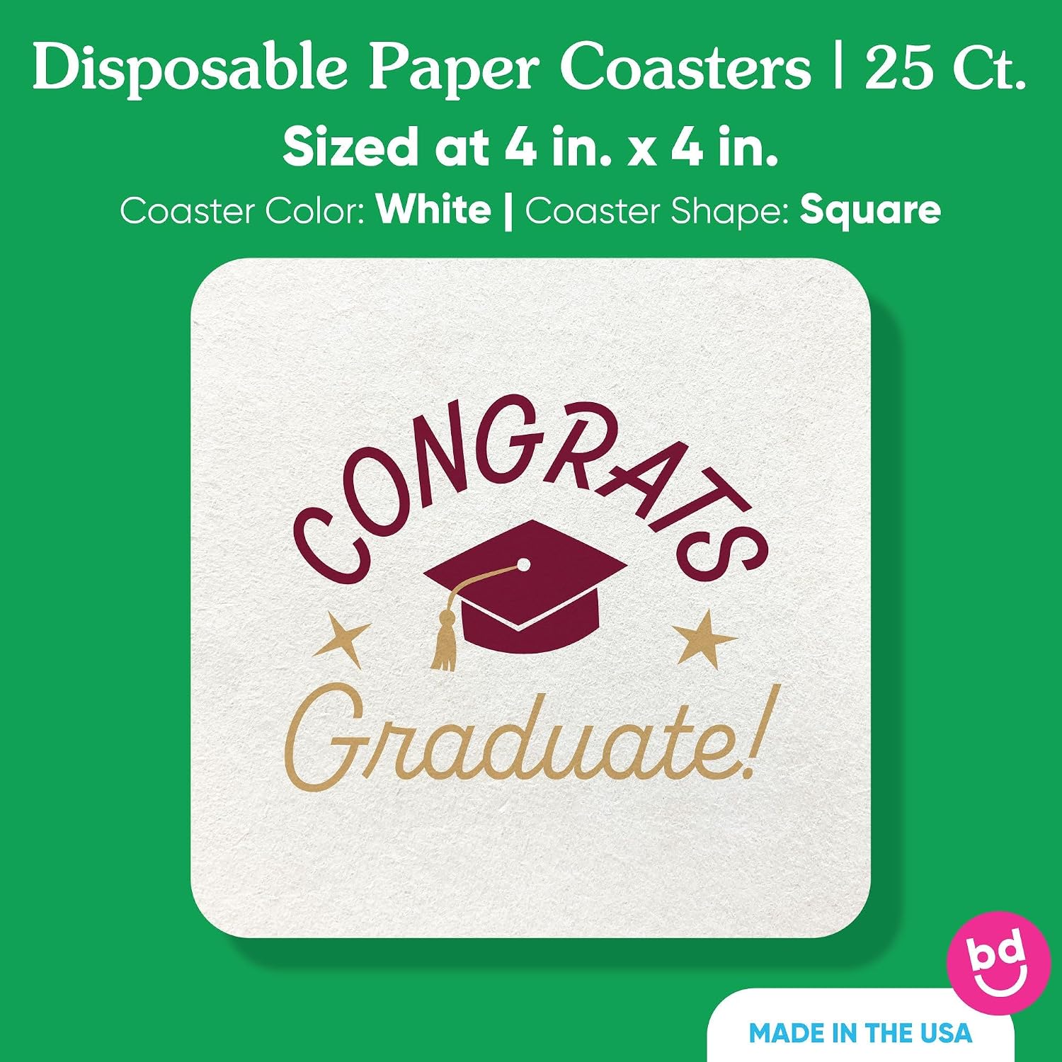 Big Dot of Happiness Maroon Congrats Graduate Drink Coasters, 4-Inch Disposable Square Paper Coasters, Burgundy Graduation Party Supplies, Table Decor for Beverage Drinks - 25 Ct
