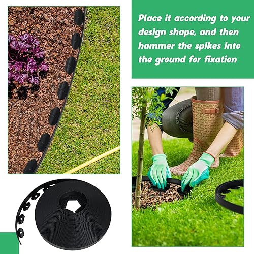 Miniatura 4 de Queekay Kit de bordes de paisaje de 148 pies con 70 púas, 20 conectores, borde de plástico para jardín, césped, patio, camino (negro, 2 pulgadas)