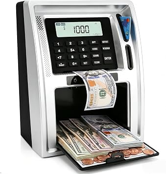 Electronic Kids ATM Money Bank with Card & Code, Auto Cash Deposit, Coin Counter, Savings Goal Display, Big Capacity Toy Bank for Learning Money Skills, Boys & Girls Gifts Silver Black