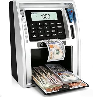 Electronic Kids ATM Money Bank with Card & Code, Auto Cash Deposit, Coin Counter, Savings Goal Display, Big Capacity Toy Bank for Learning Money Skills, Boys & Girls Gifts– Silver Black