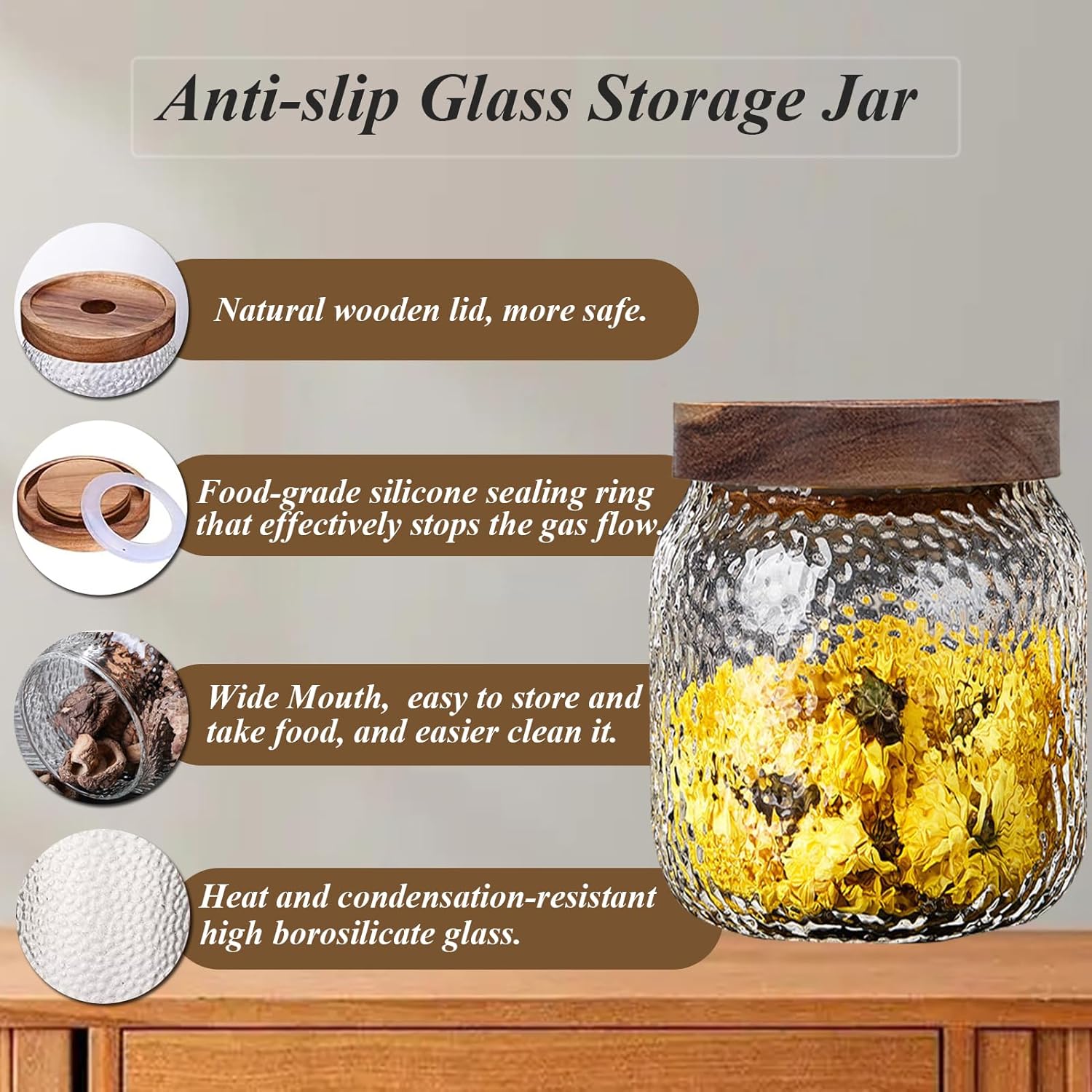 Viovian 16 oz Glass Coffee Nuts Canister Vintage Glass Storage Jars with Wooden Lids Clear Decorative Jar for Food Kitchen Coffee Tea Sugar Cookie Candy Counter Pantry 500ML