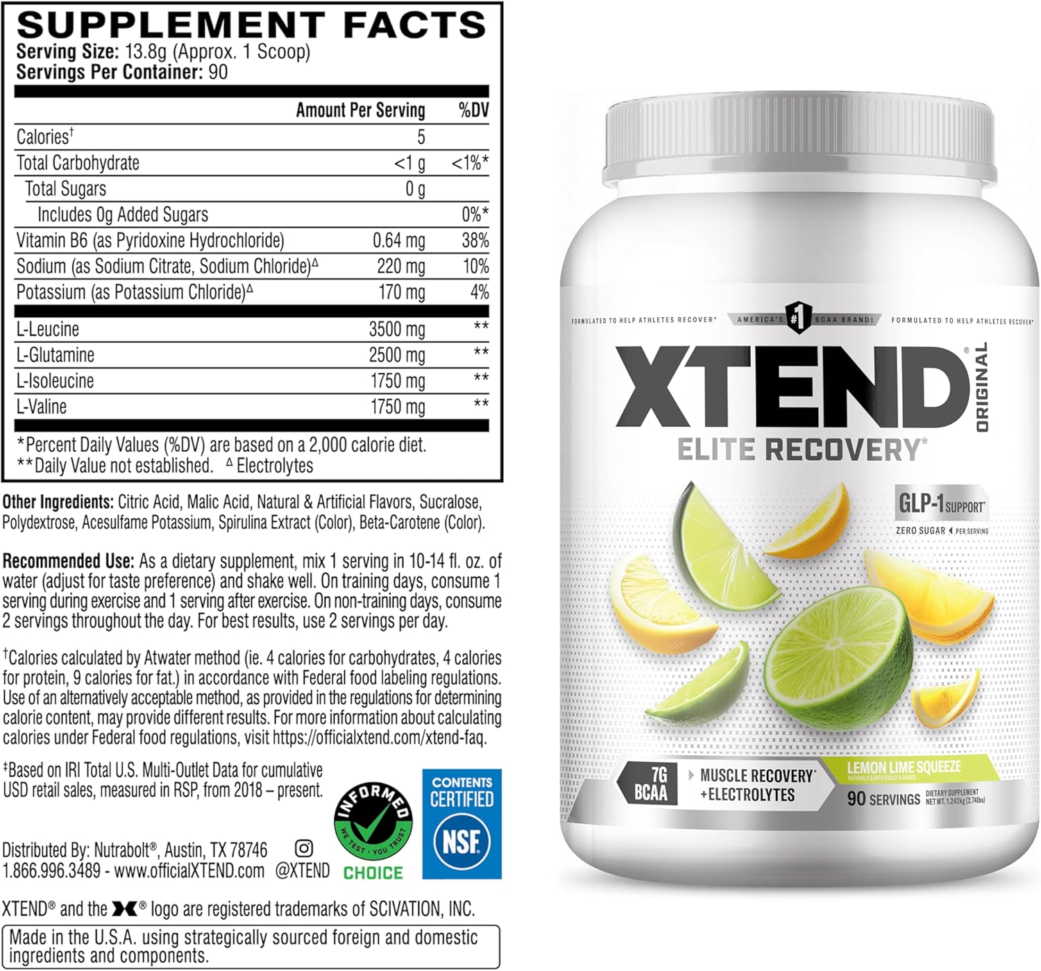 Xtend Original BCAA Powder, 7g BCAAs and 2.5g L-Glutamine for Muscle Recovery Hydration and Lean Muscle, Sugar Free Intra and Post Workout Drink with Electrolytes, Lemon Lime Squeeze, 90 Servings