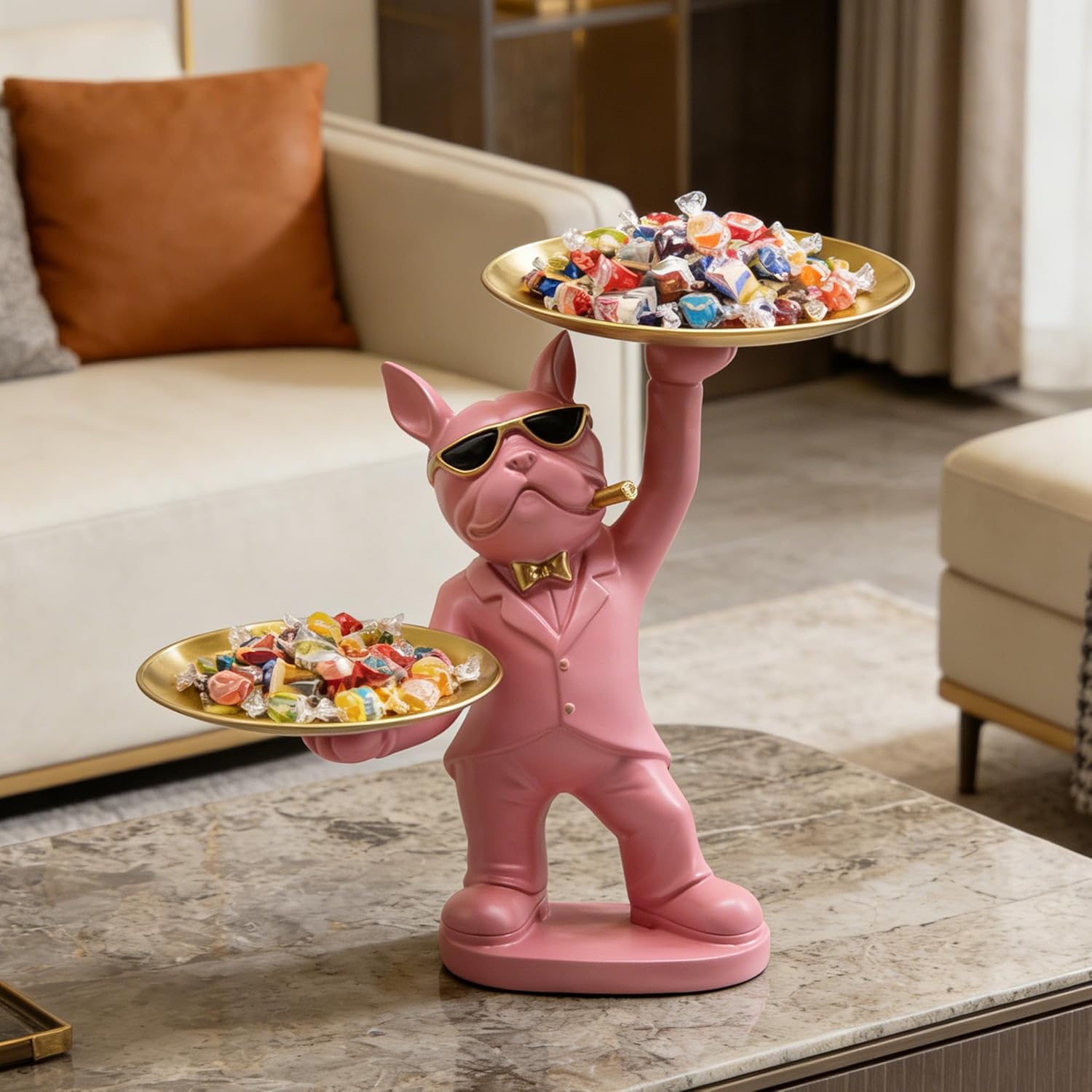 Huhote Candy Dish French Bulldog Decor Tray Statue, Key Holder Bowl Modern, French Bulldog Accessories Candy Bowl for Office Desk Home Decor Figurines Entryway Table Decor (Pink)